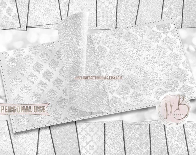 White Embossed Scrapbook Paper Download • Victorian Damask 3D Embossing Design Shimmering Foil • Printable Paper Crafts 20 12x12 JPG & PDF