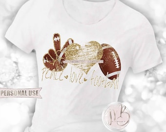 Old Gold Peace Love Football T-Shirt Sublimation Design Download • Glitter Hand Peace Sign Distressed Heart Sports Gift • DIY Print & Press