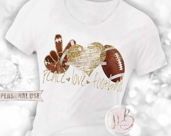 Old Gold Peace Love Football T-Shirt Sublimation Design Download • Glitter Hand Peace Sign Distressed Heart Sports Gift • DIY Print & Press