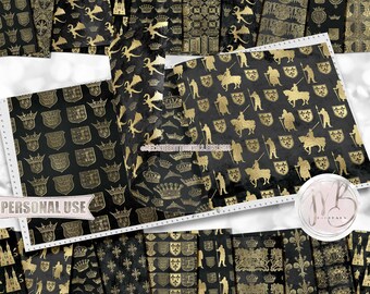 Medieval Scrapbook Paper Download • Dragon Knight Shield Crown Castle Black and Gold Foil • Printable Paper Crafts 20 12x12 JPG & PDF