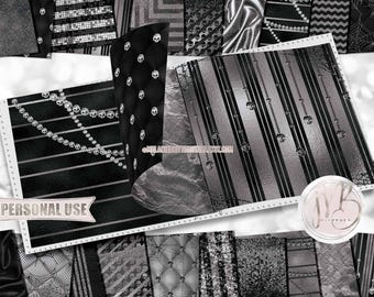 Black and Silver Luxury Gothic Scrapbook Paper Download • Diamond Skulls Luxurious Design • DIY Printable Paper Crafts 20 12x12 JPG & PDF