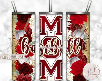 Floral Baseball Mom 20oz Skinny Tumbler Wrap Sublimation Download • Red Flowers Gold Splatter Sports Mom Gift • DIY Print and Press