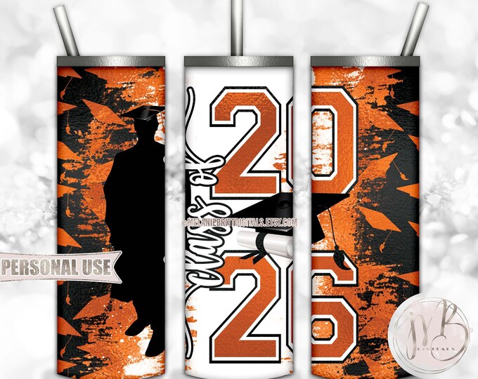 Orange Class Of 2026 Boy Graduation 20oz Skinny Tumbler Wrap Sublimation Download • Grad Cap Diploma Graduate Gift • DIY Print and Press