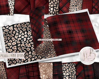 Leopard and Red Plaid Scrapbook Paper Download • Dark Red Plaid and Classic Leopard Print Design • Printable Paper Crafts 20 12x12 JPG & PDF