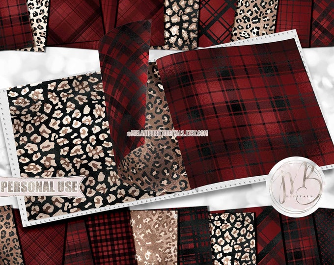 Leopard and Red Plaid Scrapbook Paper Download • Dark Red Plaid and Classic Leopard • Scrapbooking Printable
