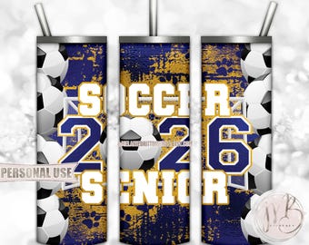 Soccer Senior 2026 20oz Skinny Tumbler Wrap Sublimation Design • Blue and Athletic Gold Paw Prints Senior Grad Gift • DIY Print & Press