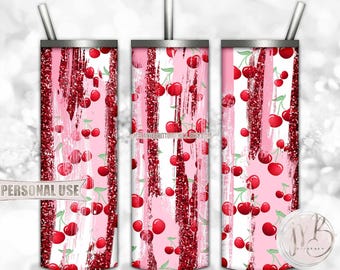 Red and Pink Cherry 20oz Skinny Tumbler Wrap Sublimation Design Download • Cute Cherries Glitter Fruit Brush Strokes • DIY Print and Press