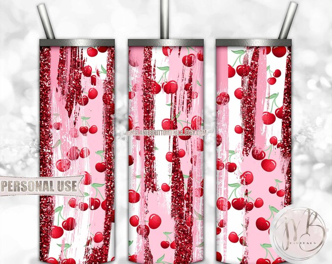 Red and Pink Cherry 20oz Skinny Tumbler Wrap Sublimation Design Download • Cute Cherries Glitter Fruit Brush Strokes • DIY Print and Press