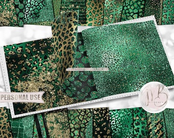 St Patrick's Day Glam Leopard Print Scrapbook Paper Download • Green and Gold Glitter Foil Design • Printable Paper Crafts 20 12x12 JPG PDF