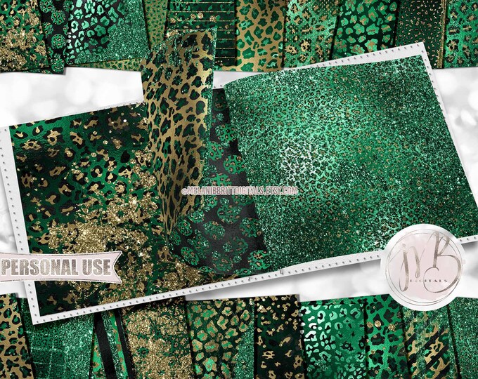 St Patrick's Day Glam Leopard Print Scrapbook Paper Download • Green and Gold Glitter Foil Design • Printable Paper Crafts 20 12x12 JPG PDF