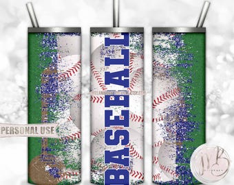 Blue Baseball 20oz Skinny Tumbler Wrap Sublimation Design Download • Distressed Baseball Collage and Field School Sports • DIY Print & Press