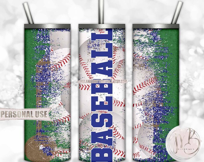 Blue Baseball 20oz Skinny Tumbler Wrap Sublimation Design Download • Distressed Baseball Collage and Field School Sports • DIY Print & Press