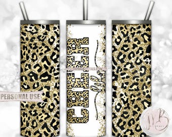 Gold Cheer Life Glitter 20oz Skinny Tumbler Wrap Sublimation Design Download • Leopard Print Cheerleader Gift • DIY Print and Press