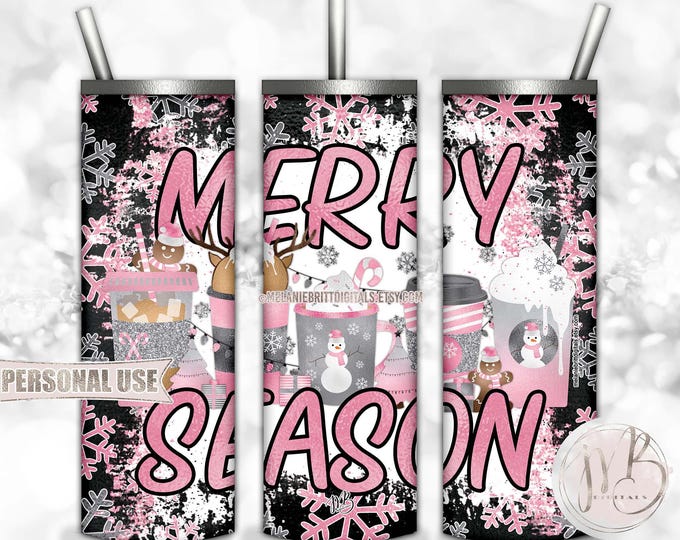 Pink Christmas Coffee Cups Tumbler Wrap Download • "Merry Season" Snowflakes • Sublimation Print and Press