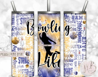 Girl Bowling Life 20oz Skinny Tumbler Wrap Sublimation Download • Blue and Athletic Gold Tie Dye Bowling League Gift • DIY Print and Press