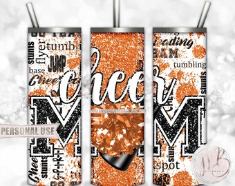 Orange Cheer Mom Glitter 20oz Skinny Tumbler Wrap Sublimation Design Download • Typography Pom Megaphone Cheer Mom Gift • DIY Print & Press