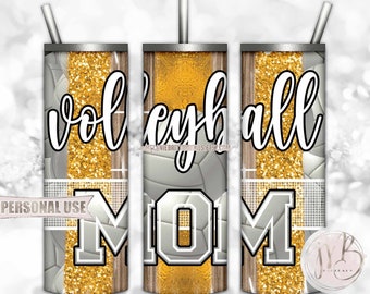 Athletic Gold Volleyball Mom 20oz Skinny Tumbler Wrap Sublimation Design • Volleyball Net Court Glitter Brush Strokes • DIY Print & Press