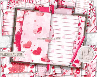 Valentines Day Watercolor Junk Journal Pages Download • Painted Hearts Valentines Memorabilia • DIY Printable Journal 20 11x8.5 JPG & PDF
