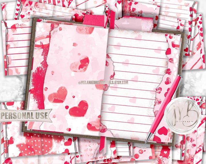 Valentines Day Watercolor Junk Journal Page Download • Painted Hearts Valentines Memorabilia • Journaling Printable