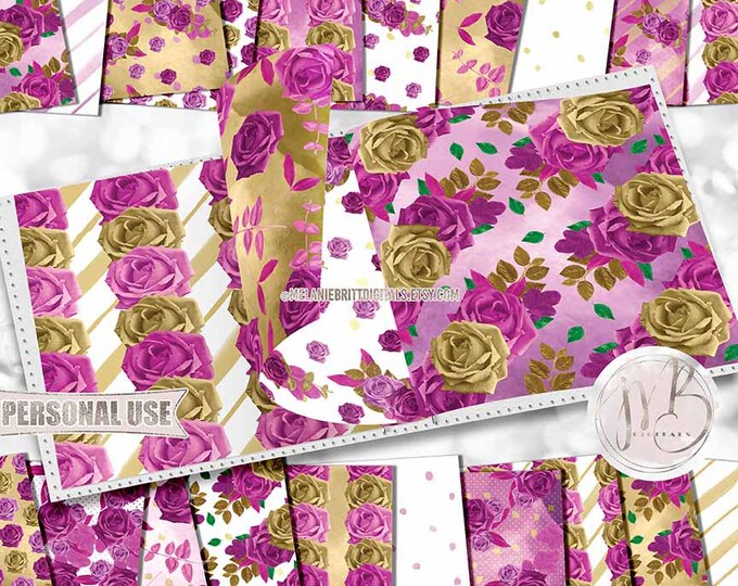 Purple and Gold Rose Watercolor Scrapbook Paper Download • Beautiful Hand-Painted Flowers • Scrapbooking Printable