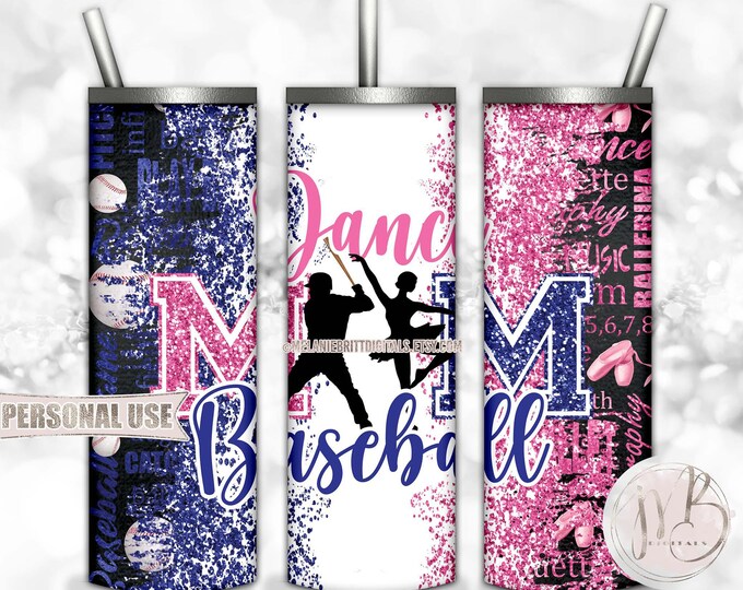Mom of Both Baseball and Dance 20oz Skinny Tumbler Wrap Sublimation Design Download • Blue and Pink Glitter • DIY Print and Press