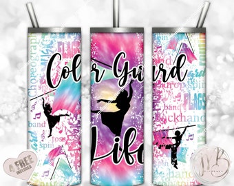 Color Guard Life 20oz Skinny Tumbler Wrap Sublimation Design Download • Rainbow Tie Dye Flags and Music Notes • Sublimation Crafts