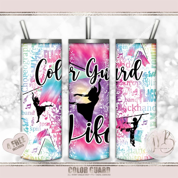 Color Guard Life 20oz Skinny Tumbler Wrap Sublimation Design Download • Rainbow Tie Dye Flags and Music Notes • Sublimation Crafts