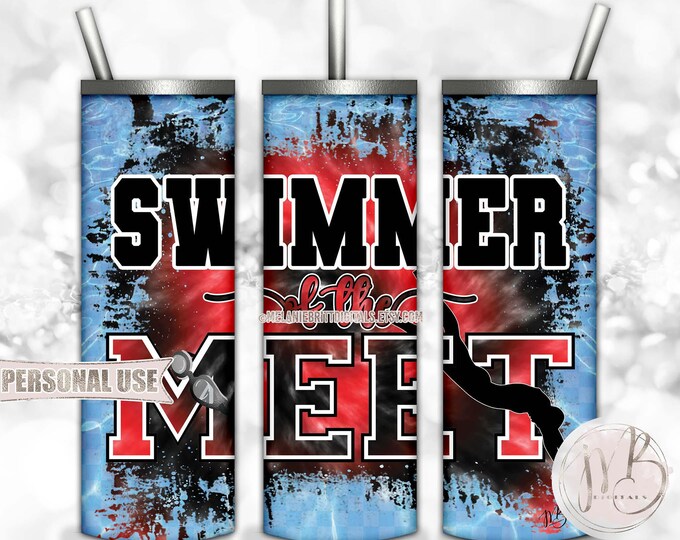 Swimmer Of The Meet 20oz Skinny Tumbler Wrap Sublimation Download • Red & Black Tie Dye Pool Water Swim Team • DIY Print and Press
