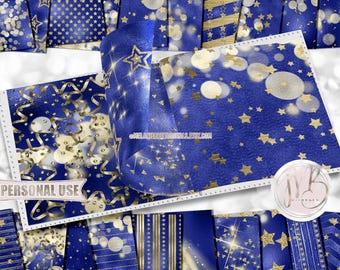 Formal Party Scrapbook Paper Download • Royal Blue Gold Stars Streamers Confetti Glitter Foil • DIY Printable 20 12x12 JPG & PDF