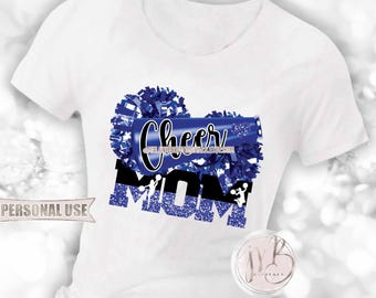 Blue Cheer Mom T-Shirt Sublimation Design Download • Pom Poms Megaphone Cheerleaders Cheerleading Cheer Mom Gift • DIY Print and Press