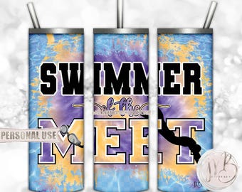 Swimmer Of The Meet 20oz Skinny Tumbler Wrap Sublimation Download • Purple Athletic Gold Tie Dye Pool Water Swim Team • DIY Print and Press