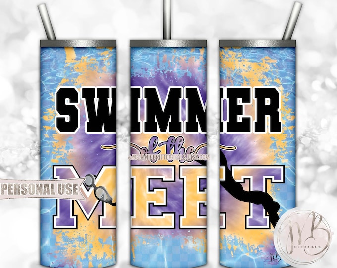 Swimmer Of The Meet 20oz Skinny Tumbler Wrap Sublimation Download • Purple Athletic Gold Tie Dye Pool Water Swim Team • DIY Print and Press
