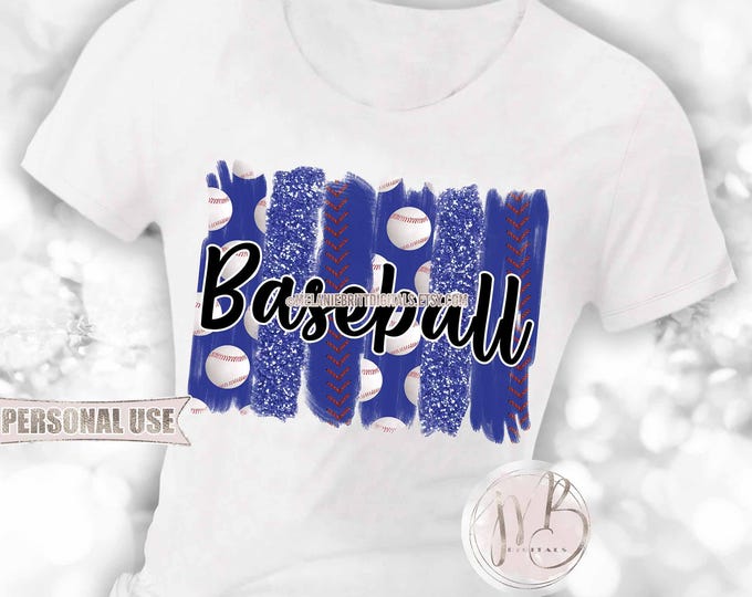 Blue Baseball T-Shirt Sublimation Design • Baseball Collage Threads Glitter Brush Stroke Design Baseball Shirt Gift • DIY Print and Press