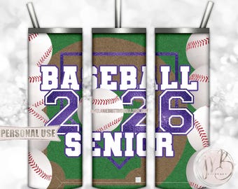 Purple Baseball Senior 2026 20oz Skinny Tumbler Wrap Sublimation Design Download • Senior Year Baseball Grad Gift • DIY Print and Press