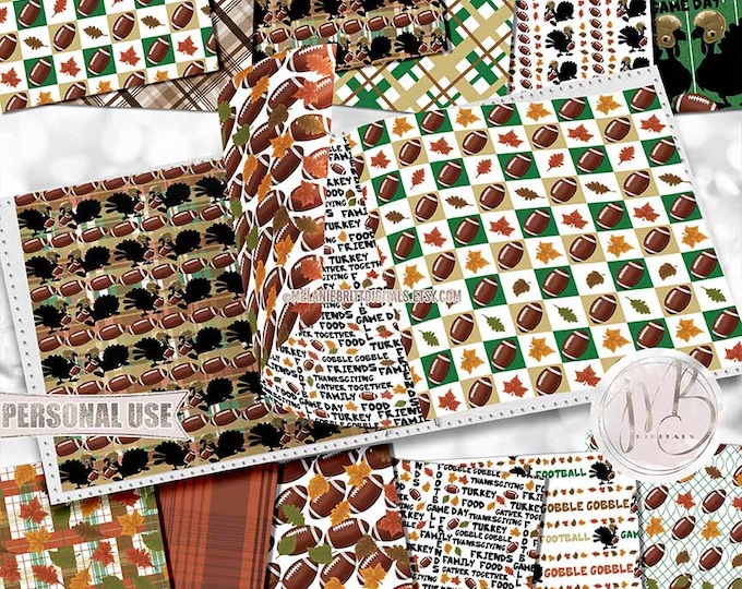 Thanksgiving Football Scrapbook Paper Download • Scattered Footballs Turkey with Helmet Autumn Leaves • Scrapbooking Printable