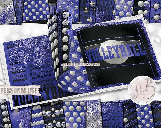 Blue Glam Volleyball Scrapbook Paper Download • Volleyball Court Net Glitter and Foil School Sports • Scrapbooking Printable