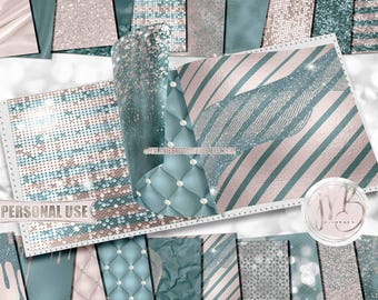 Beige and Teal Luxury Scrapbook Paper Download • Luxurious Sparkling Glitter & Foil Shimmer Design • Printable Paper Crafts 20 12x12 JPG PDF