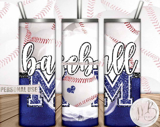 Blue Baseball Mom 20oz Skinny Tumbler Wrap Sublimation Download • Sports Mom Gift • DIY Print and Press