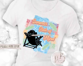 Retro Girl Summer State of Mind T-Shirt Sublimation Design Download • Pool Lounge Chair Tropical Tones Summer Vacation • DIY Print and Press