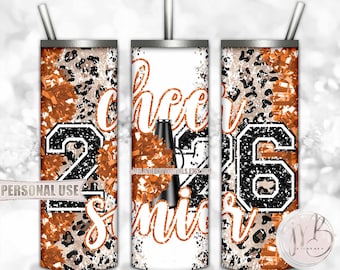 Orange Cheer Senior 2026 20oz Skinny Sublimation Tumbler Wrap Design • Pom Pom Megaphone Classic Leopard Print • DIY Print and Press