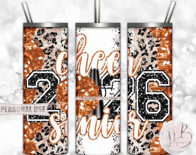 Orange Cheer Senior 2026 20oz Skinny Sublimation Tumbler Wrap Design • Pom Pom Megaphone Classic Leopard Print • DIY Print and Press