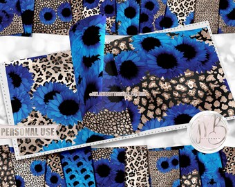 Blue Sunflowers and Leopard Scrapbook Paper Download • Bright Sunflowers Classic Leopard Design • Printable Paper Crafts 20 12x12 JPG & PDF