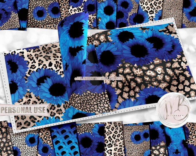 Blue Sunflowers and Leopard Scrapbook Paper Download • Bright Sunflowers Classic Leopard Design • Printable Paper Crafts 20 12x12 JPG & PDF