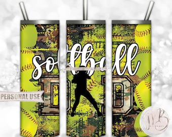 Camouflage Softball Dad 20oz Skinny Tumbler Wrap Sublimation Design Download • Daughter Batting Silhouette Sports Dad • Sublimation Crafts