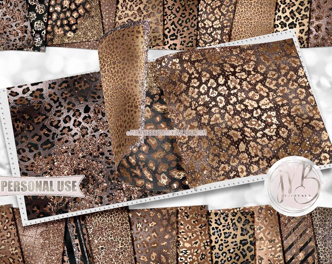 Sepia Glam Leopard Print Scrapbook Paper Download • Sparkling Glitter and Shimmering Foil Design • Printable Paper Crafts 20 12x12 JPG & PDF