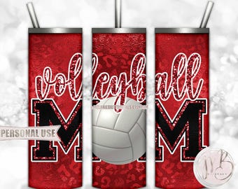 Red Volleyball Mom 20oz Skinny Tumbler Wrap Sublimation Design Download • Shiny Leopard Print Glitter Mom Gift • DIY Print & Press