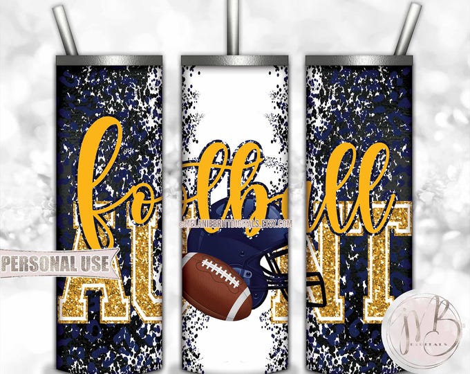 Navy Athletic Gold Football Aunt 20oz Skinny Tumbler Wrap Sublimation Design • Football Helmet Leopard Sports Aunt Gift • DIY Print & Press