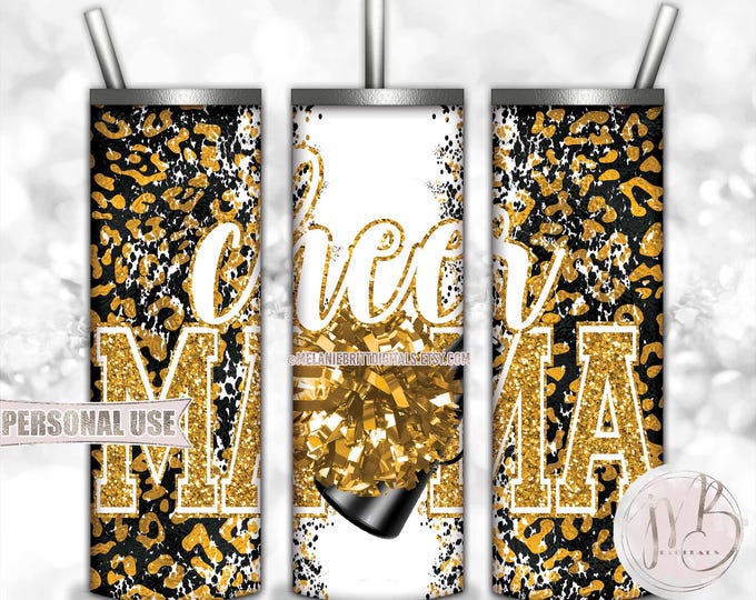 Athletic Gold Cheer Mama 20oz Skinny Tumbler Wrap Sublimation Design • Leopard Print Pom Pom Megaphone Glitter Mama Gift • DIY Print & Press