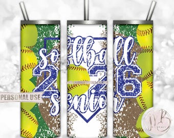 Blue Glitter Softball Senior 2026 20oz Skinny Tumbler Wrap Sublimation Download • Varsity Softball Graduate Gift • DIY Print & Press