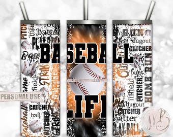 Baseball Life 20oz Skinny Tumbler Wrap Sublimation Download • Orange and Black Tie Dye Typography Baseball Gift • DIY Print and Press